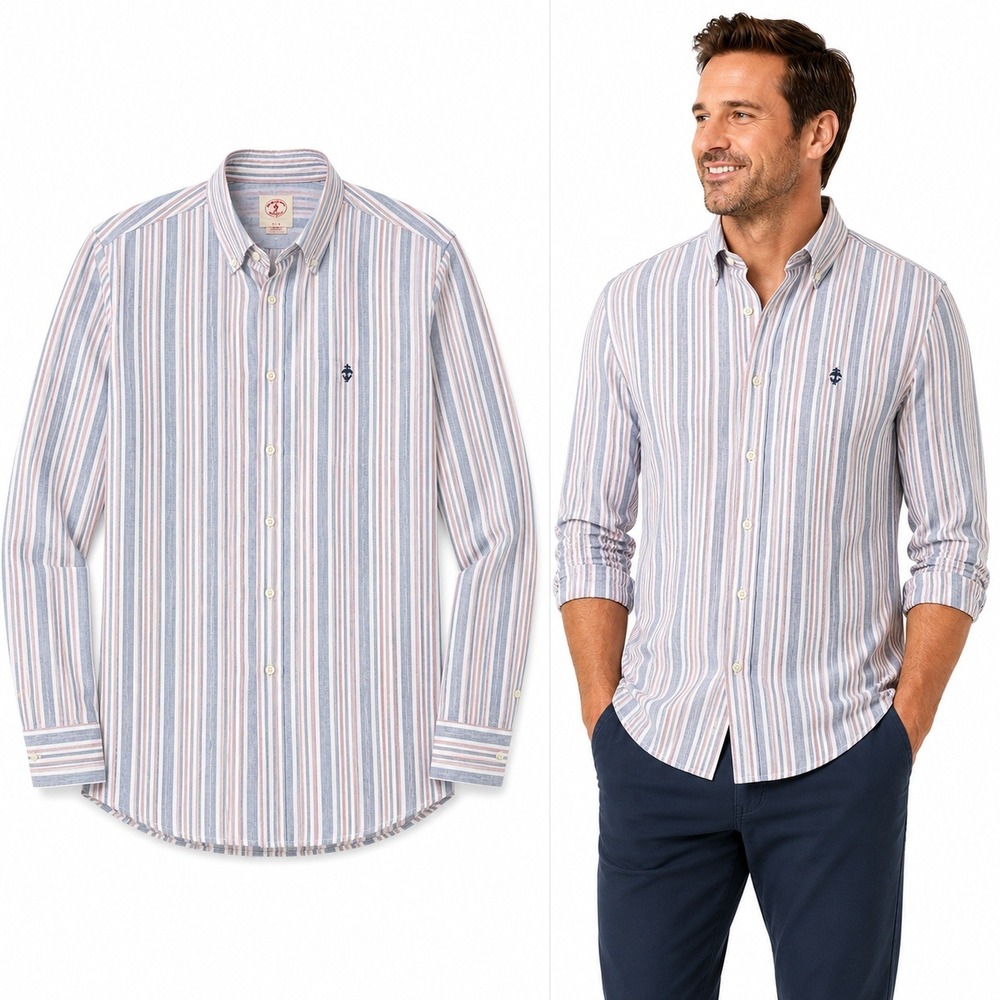 Brooks Brothers Red Fleece Mens Large Blue Red Striped Cotton Button Down Shirt